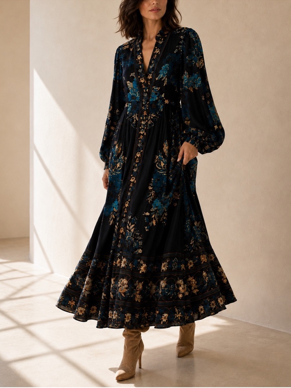 CAROLINE CONSTAS BLOSSOM TAPESTRY MIDI/MAXI DRESS Long Sleeves S Small (Farm Rio